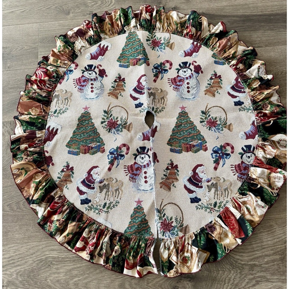 Vintage 34" Tapestry Christmas Tree Skirt Snowman Santa Bells Cottagecore Whimsy